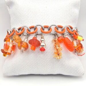 Artisan Glass Bead Variety Charm Bracelet Orange Rubber Links Silver Tone 7 In